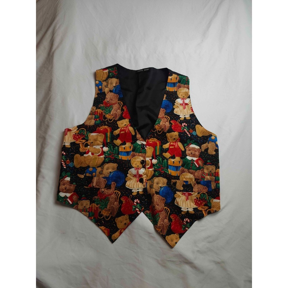 Vintage 90s Saddle River Vest Womens L Christmas Teddy Bear Whimsical Holiday